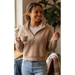 Automet Womens Half Zip Sweatshirt Tan Khaki Fleece Cropped Pullover Thumbhole L
